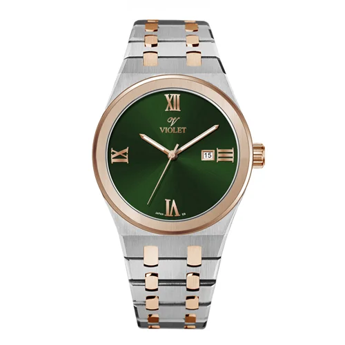 ساعت مچی عقربه ای مردانه ویولت دورنگ رزگلد صفحه سبز کد 0601/2